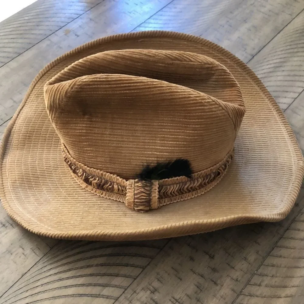 Country Gentleman’s Corduroy Wide Brim Ranch Hat in Tan Feather and braid accent